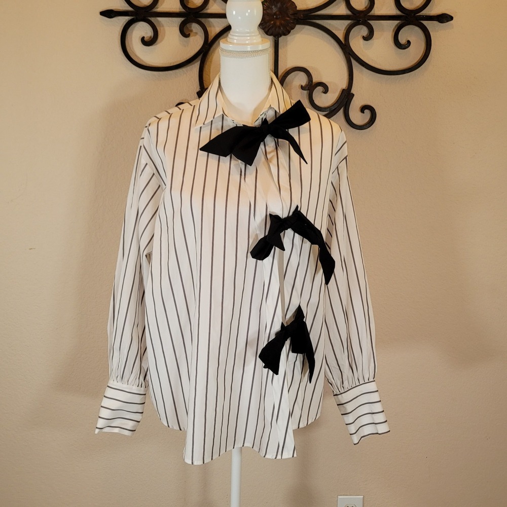 ASOS DESIGN Striped Bow Tie Front Cotton Blouse White Gray Size 4